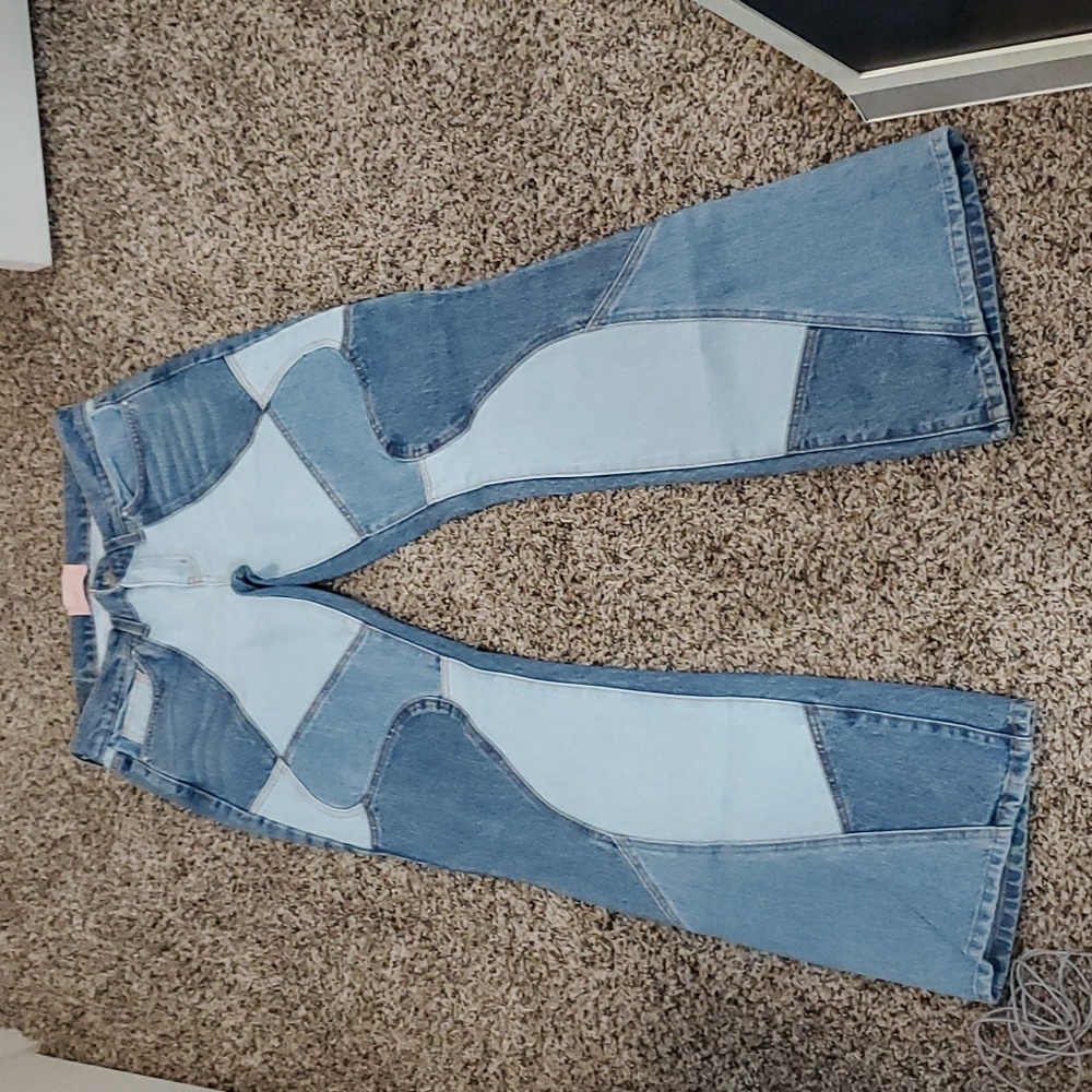 REVICE Two-Tone Blue Patchwork Flare Jeans
